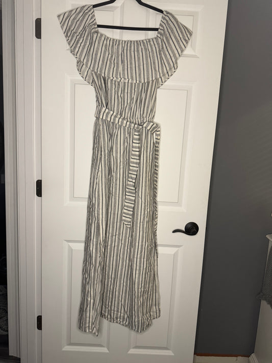 1 State short sleeve dress w belt long white blue/green stripe large