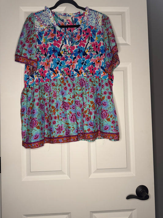 Umgee short sleeve blouse 1xl blue green pink purple white floral nwt 40