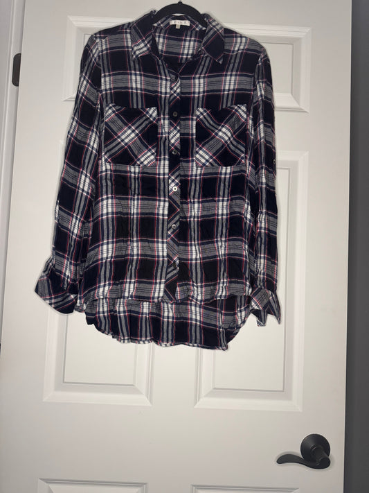 Laju long sleeve button up blouse blue white red plaid large