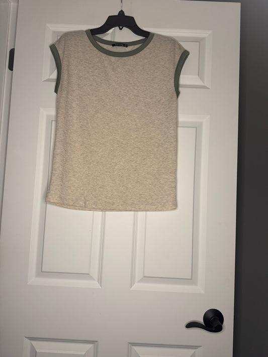 Pink Clover short sleeve blouse beige heathered green trim small