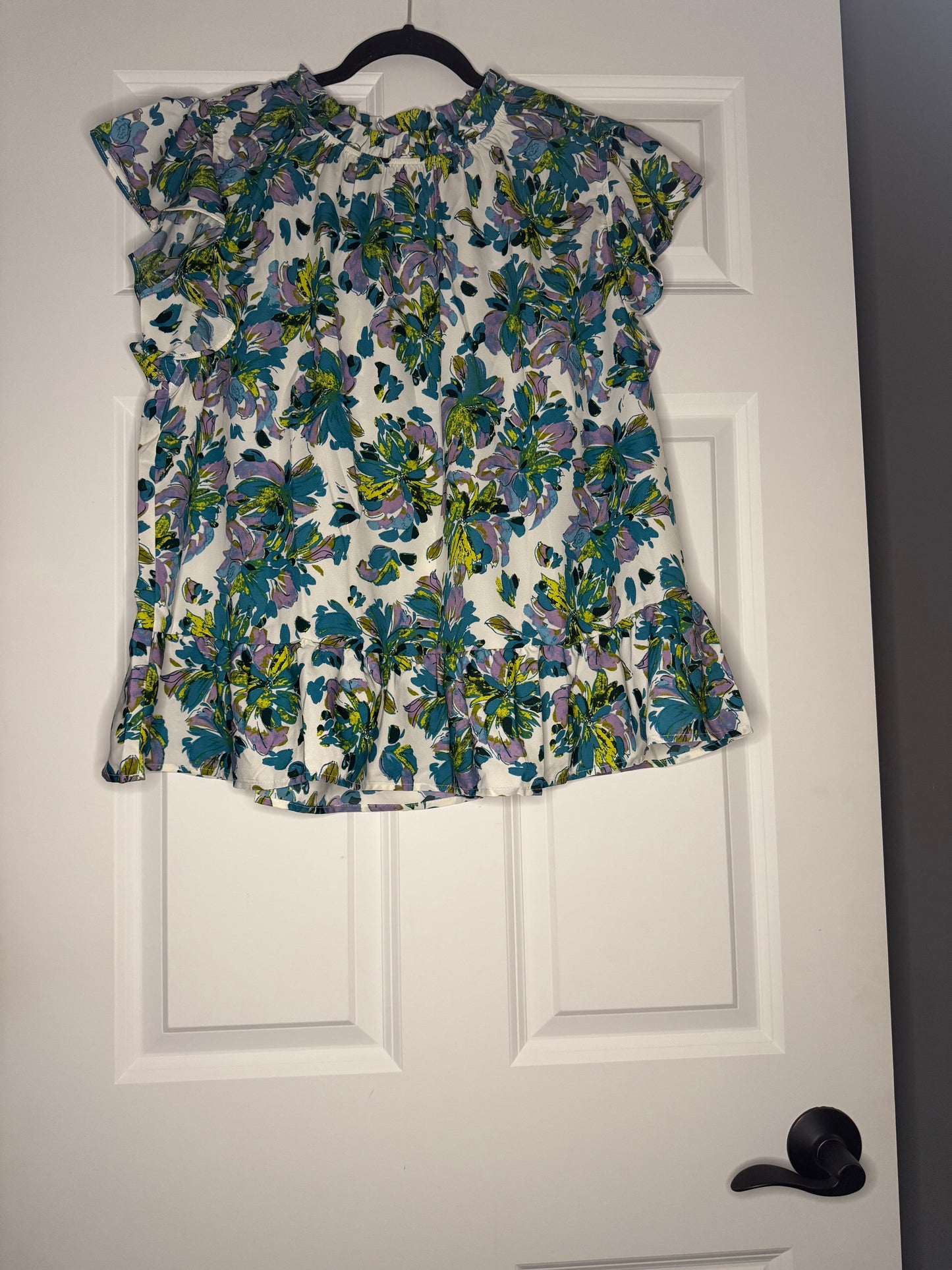 Hailey and co short sleeve blouse large white w lime green teal purple floral nwt 38