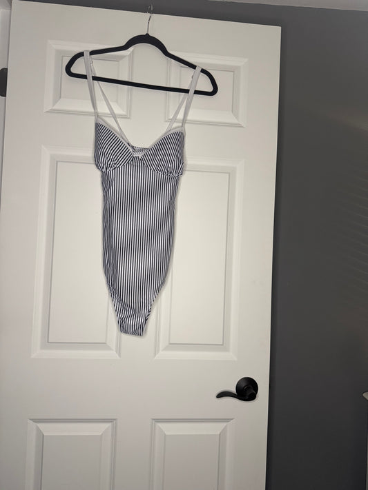 Unbranded one piece swimsuit tie up back navy white stripe xl