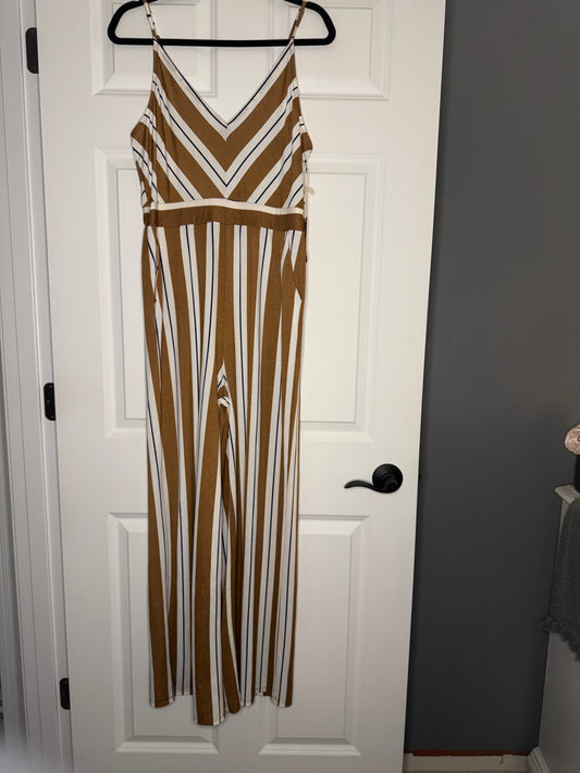 Blu pepper jumpsuit large brown cream navy stripe w pockets nwt