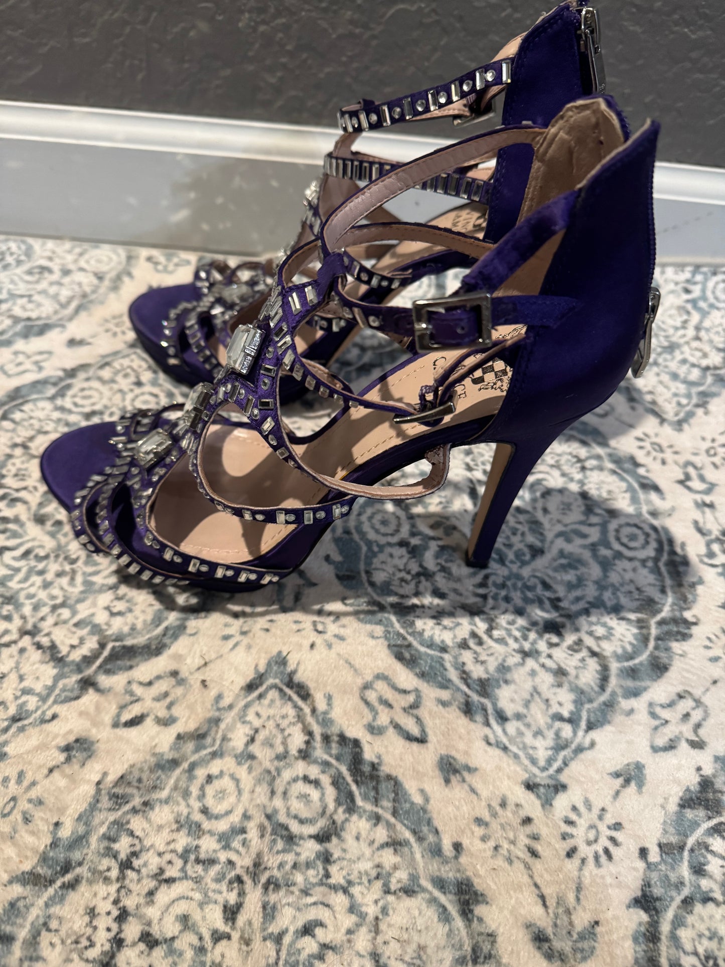 Vince Camuto 8.5 dark purple satin heels beaded