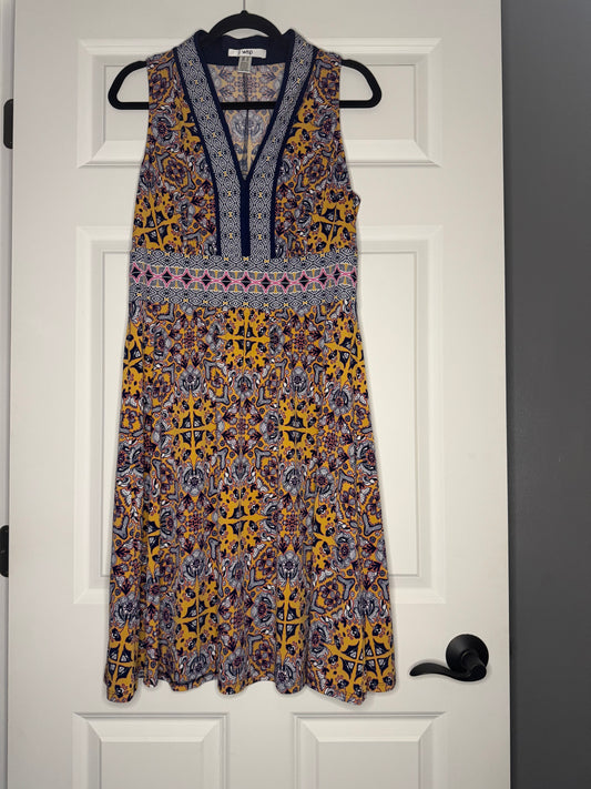Wisp sleeveless dress size 12 mustard navy w white pink print