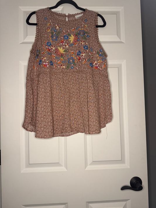 Heyson sleeveless blouse taupe white print w multicolor floral stitching large