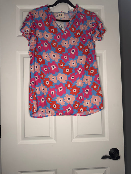 Bibi short Ruffle sleeve blouse xl blue with pink white peach red floral nwt 38