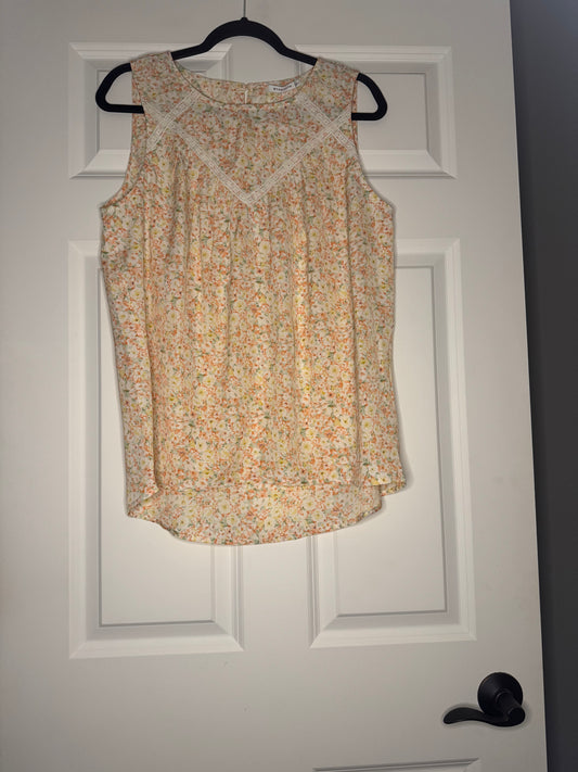 Staccato sleeveless blouse large light peach green ivory floral w lace nwt 32.99
