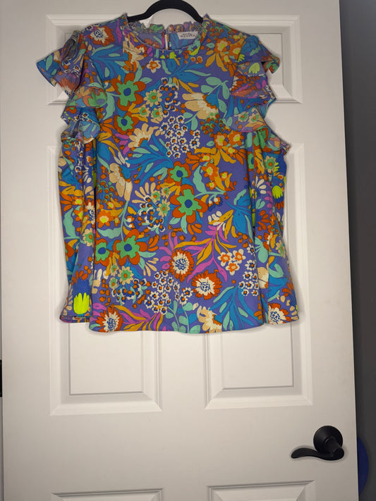 Emily wonder short sleeve blouse 1x purple w multicolor floral ruffle sleeve