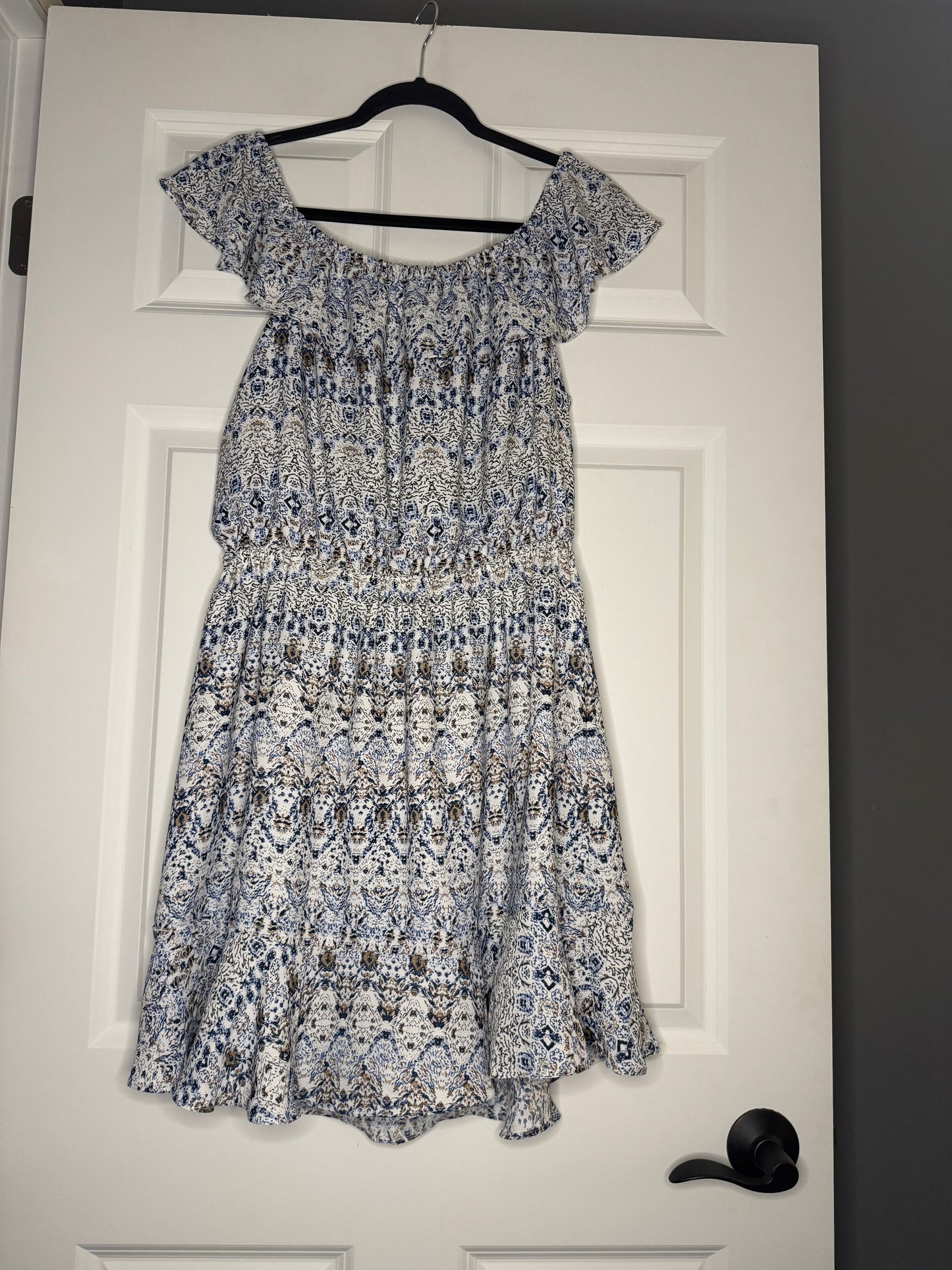 Eliane Rose off the shoulder dress medium white w blue brown print nwt