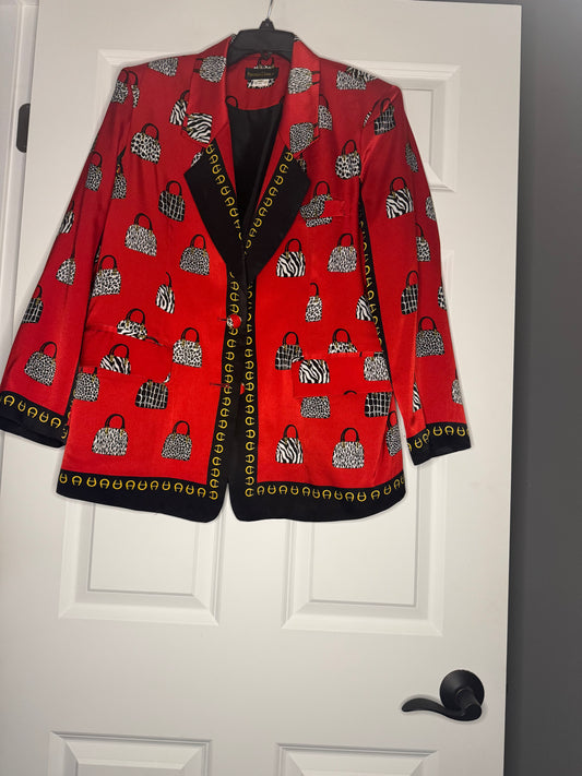 Amber Dawn m blazer w shoulder pads red w black white gold handbag print