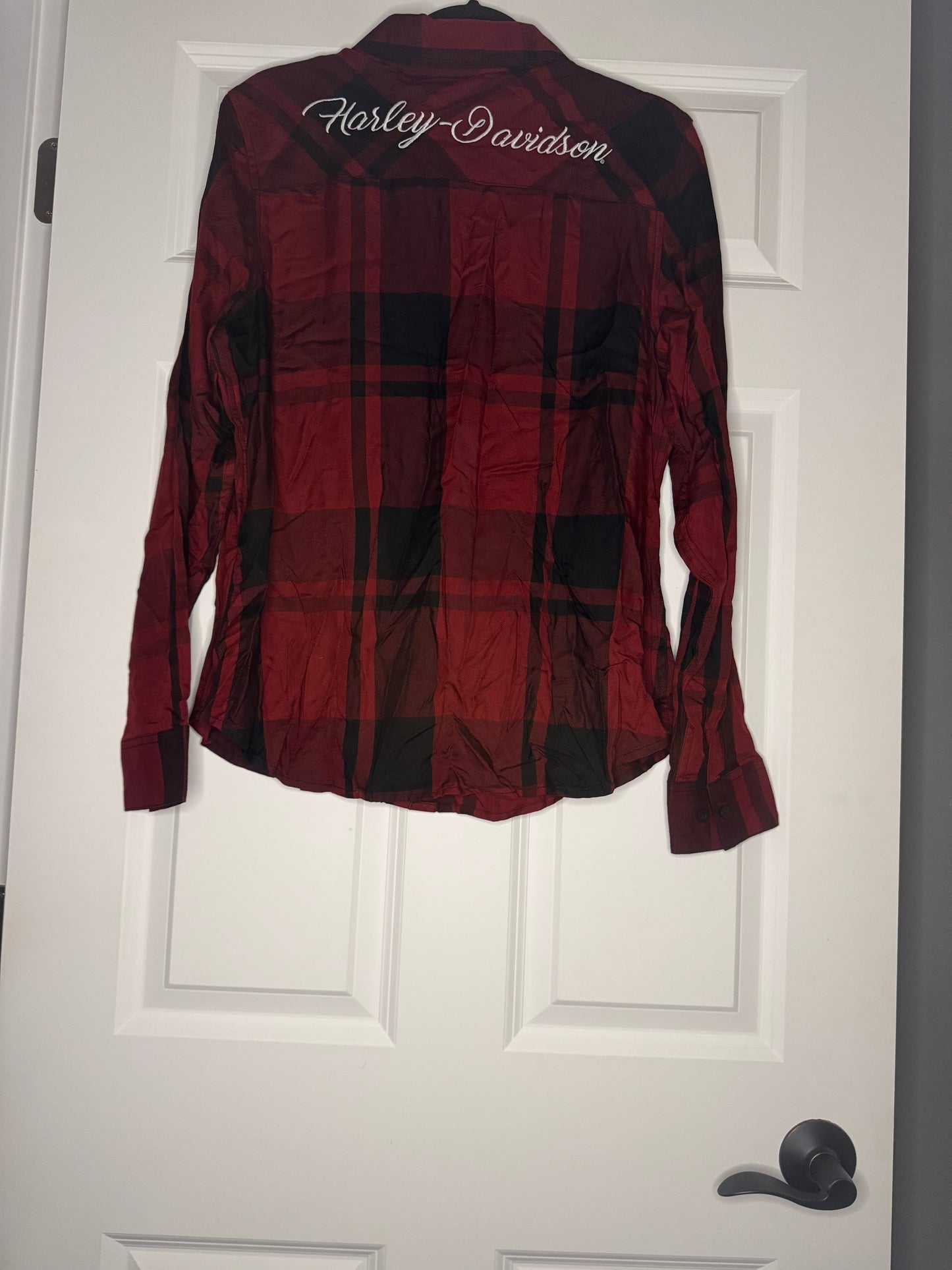 Harley Davidson long sleeve plaid button up blouse red black xl w white stitching nwt