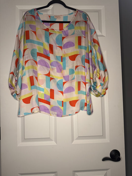 Hailey and co 3/4 sleeve blouse 2x white w purple blue yellow orange print