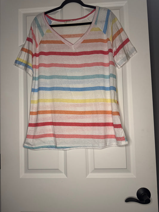 Bibi short sleeve top xl white w blue yellow coral orange stripe