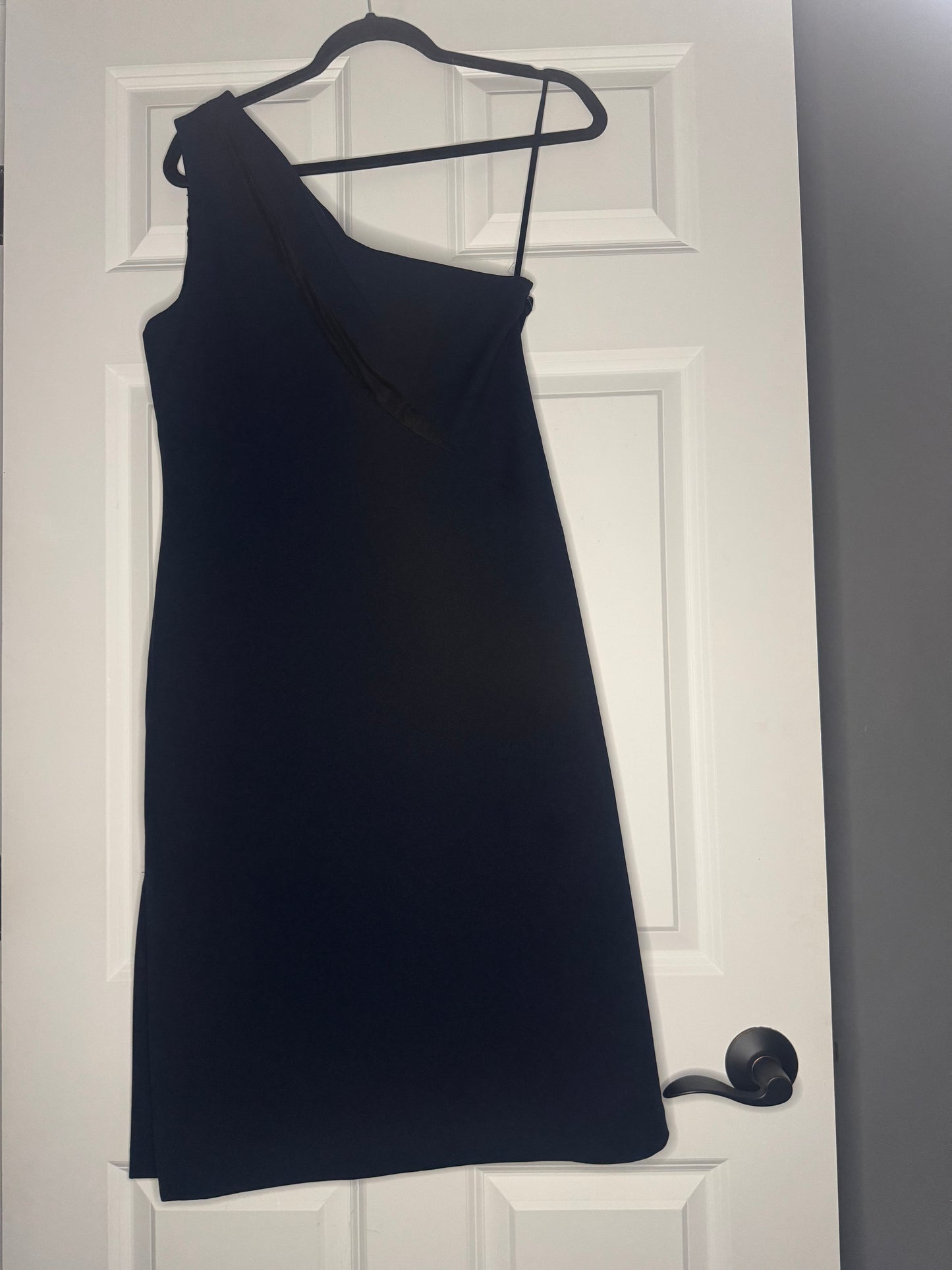 Antonio Melani size 10 one shoulder sleeveless dress navy with black mesh cut outs