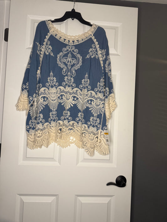 Leo and Nicole 3/4 sleeve blouse blue w cream crochet 3x nwt