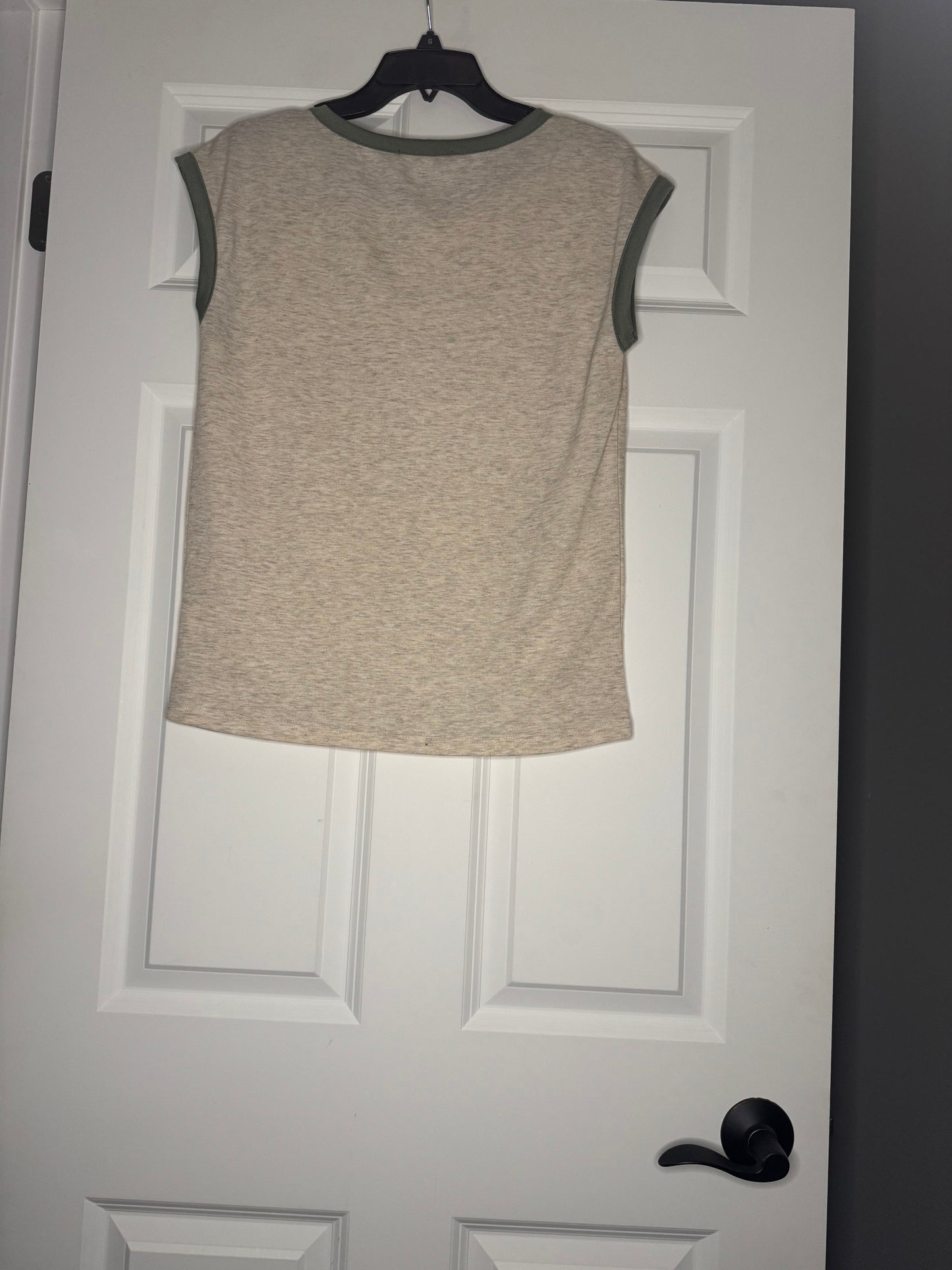 Pink Clover short sleeve blouse beige heathered green trim small