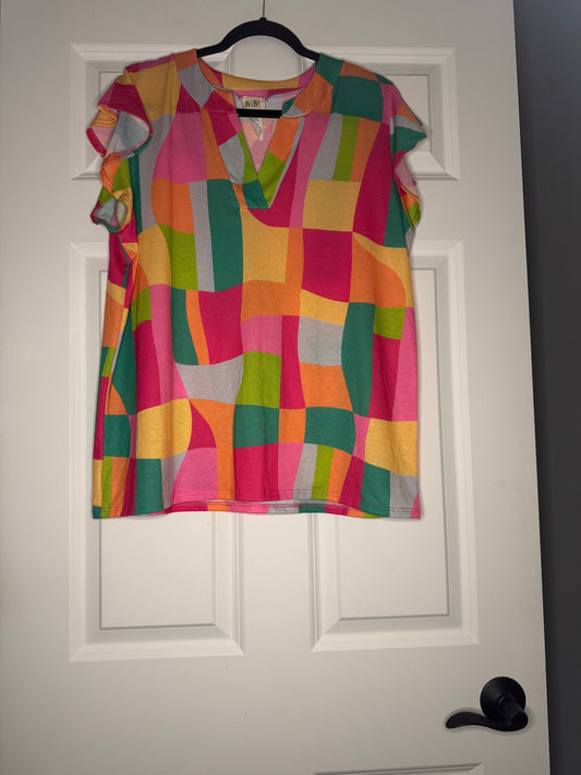 Bibi short sleeve blouse xl pink green orange yellow