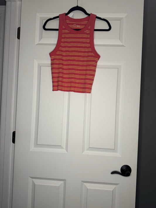 Aerie Ribbed Tank Top Large Coral White Orange Stripe 