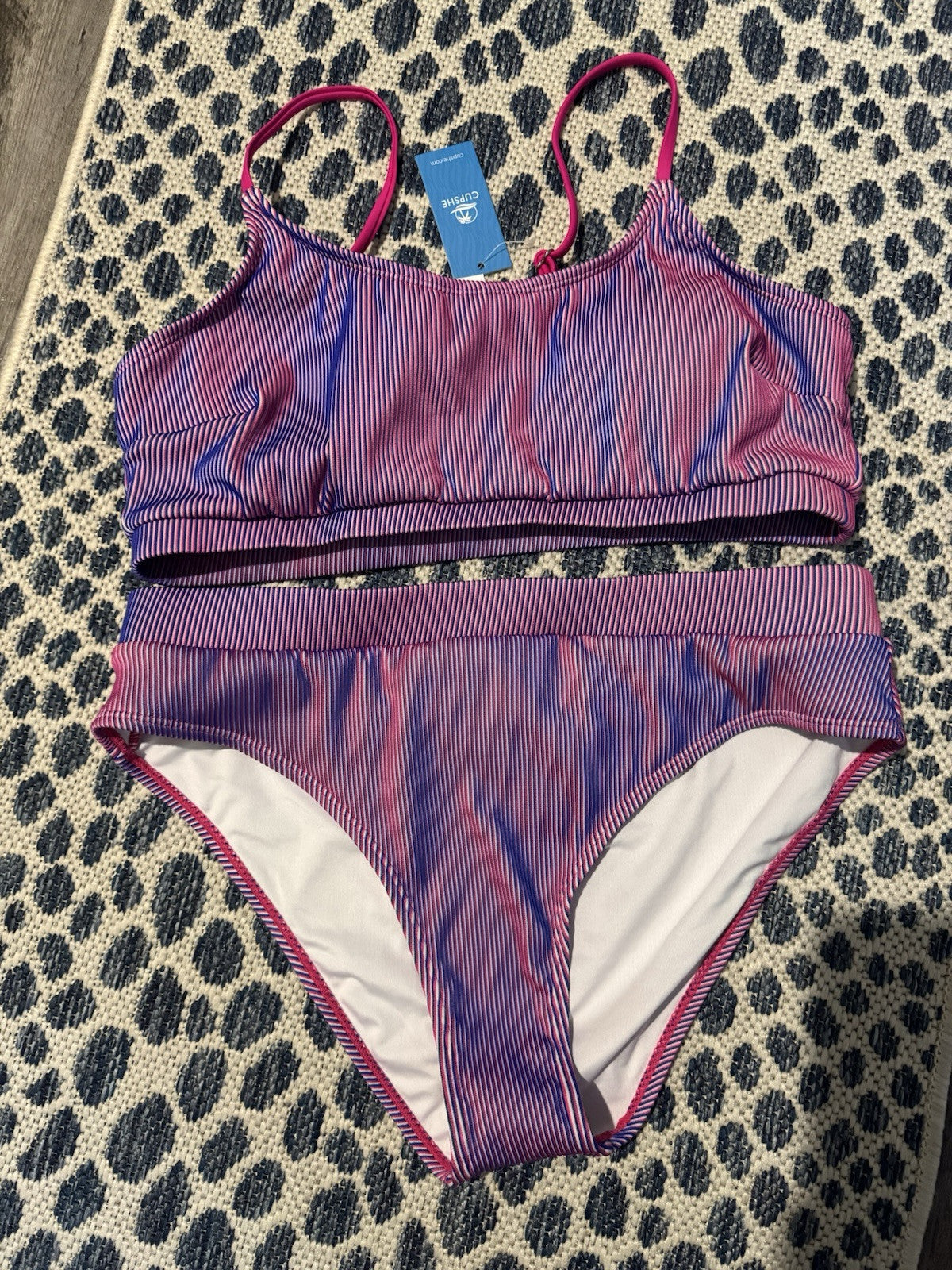 Cupshe 2 Piece Swimsuit Xl Pink Violet White Stripe Nwt 