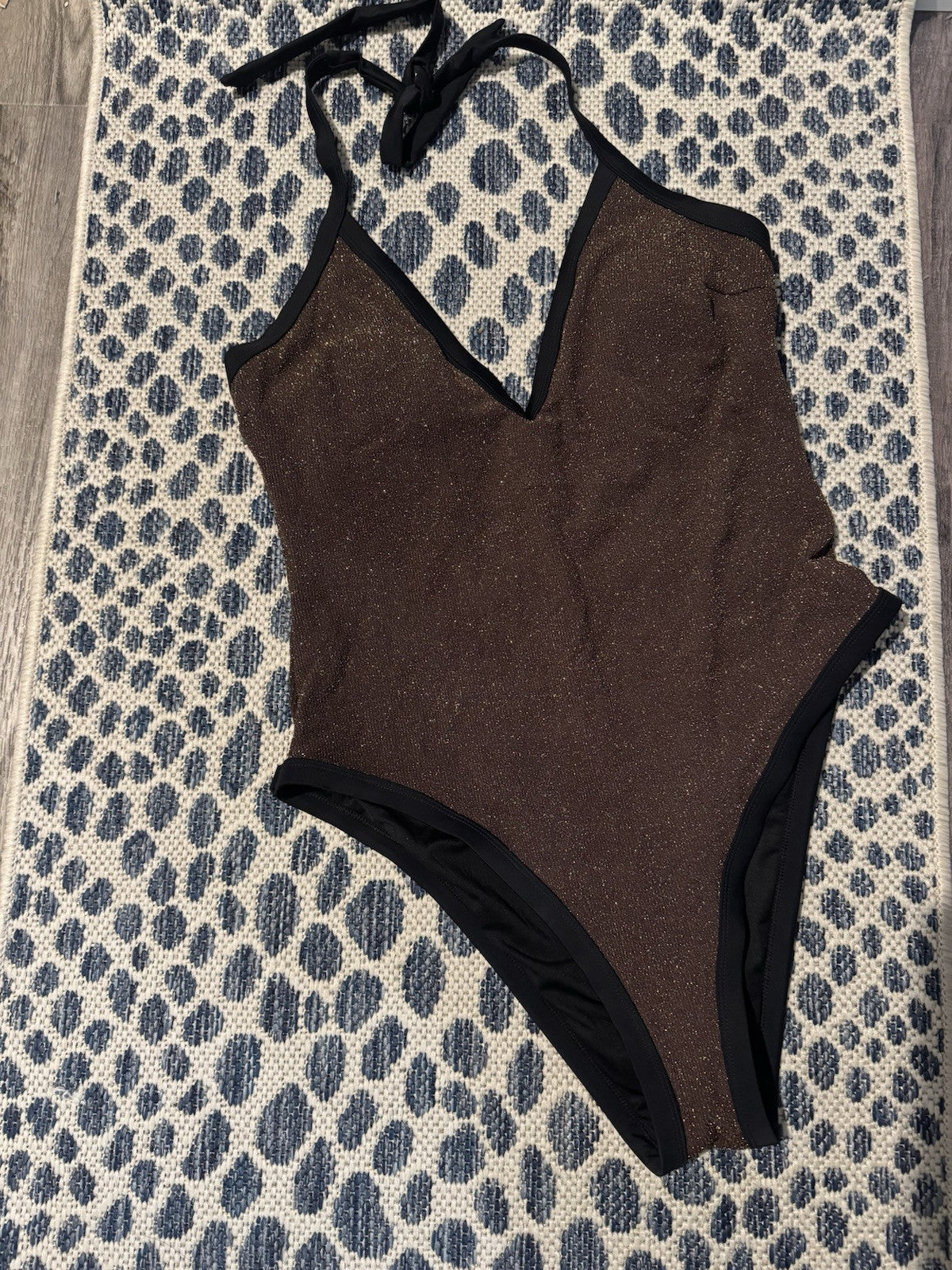Cupshe One Piece Swimsuit Xl Brown Gold Sparkle Black Trim Brand New