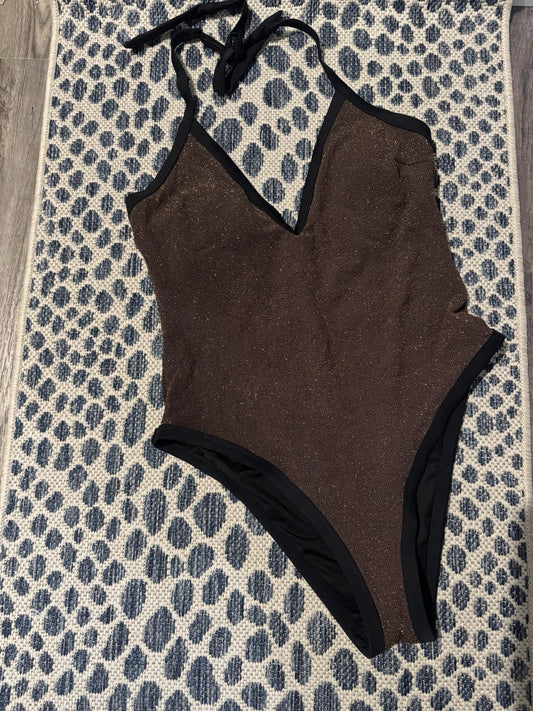 Cupshe One Piece Swimsuit Xl Brown Gold Sparkle Black Trim Brand New