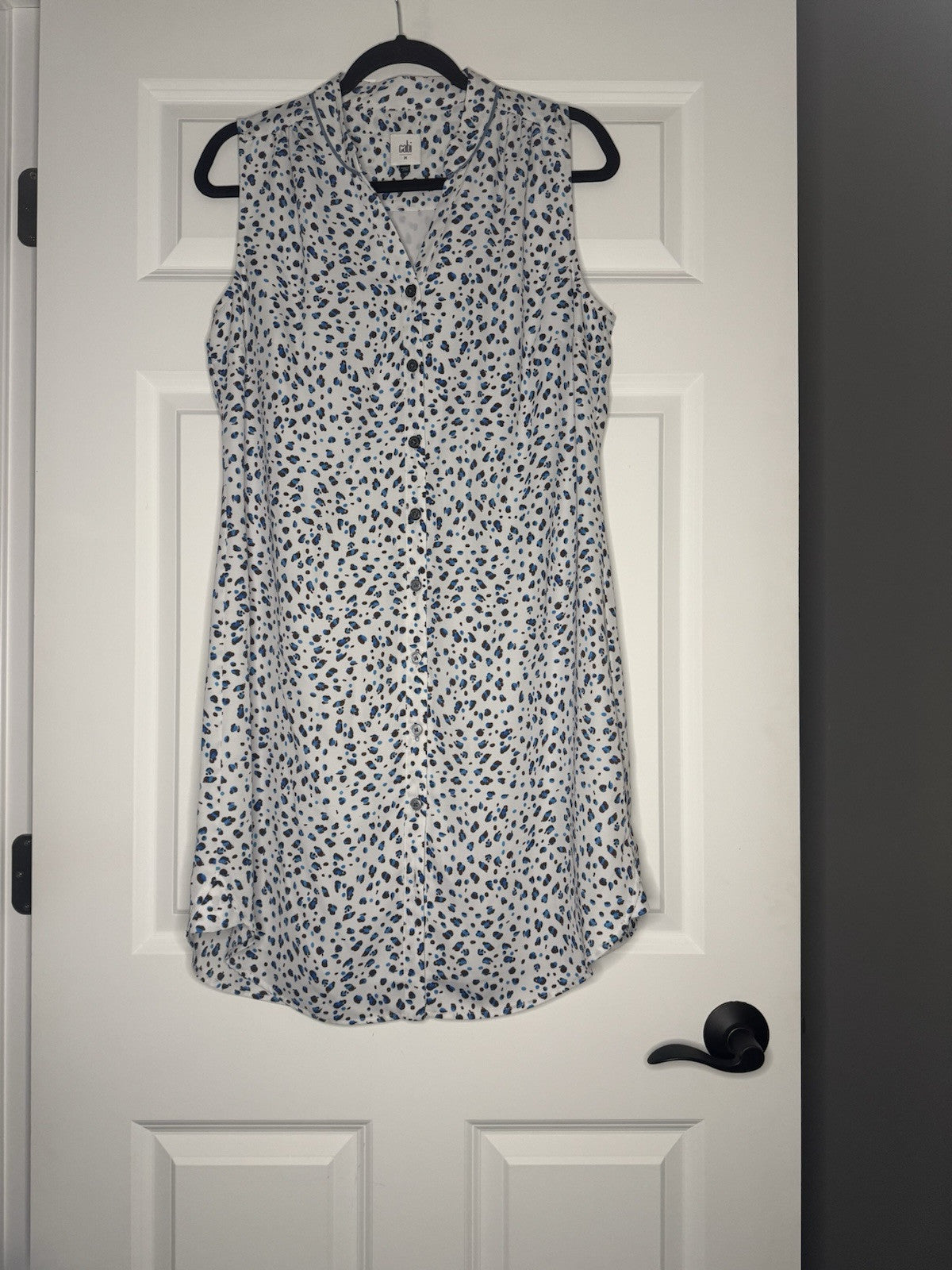 Cabi Sleeveless Button Up Dress Medium White W Brown And Blue Print 