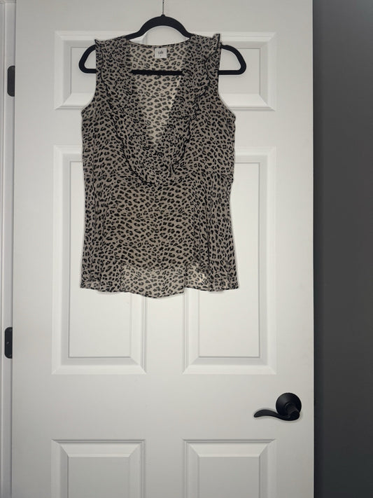 Cabi Sleeveless Blouse Black Brown Animal Print Sheer Longer In Back Small